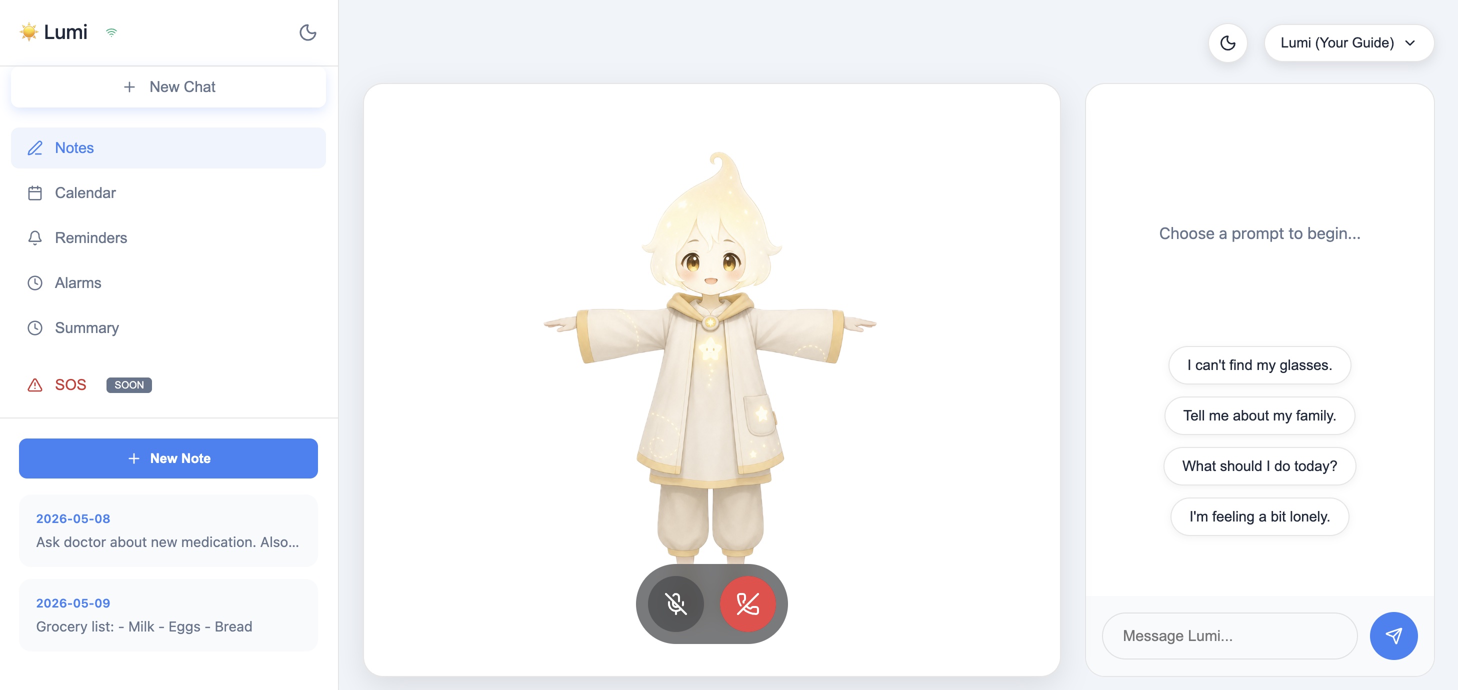 Lumi のフロントエンド。キャラクターとチャット、ノート、リマインダーの画面